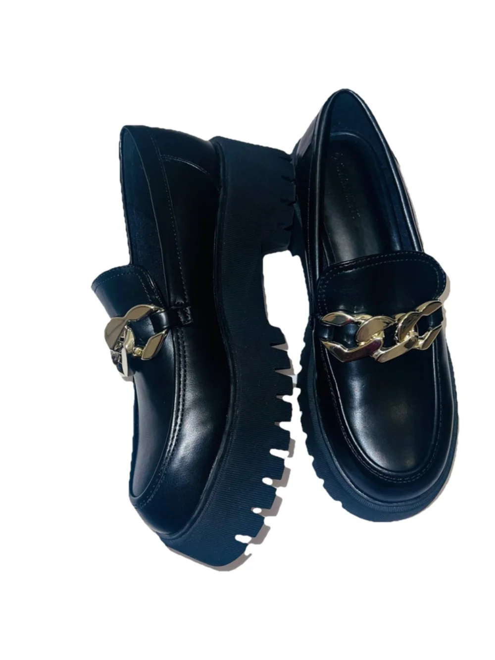 Black Chunky Lug Sole Loafers Gold Chain Platform Minimalist Chic Shoes